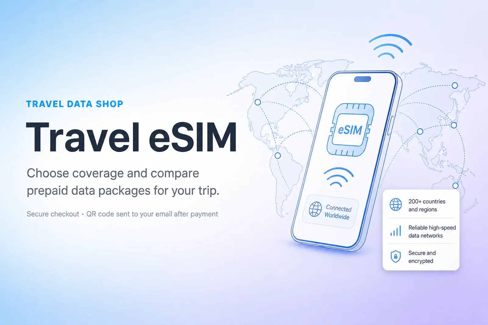 Illustration: smartphone with eSIM and world coverage map